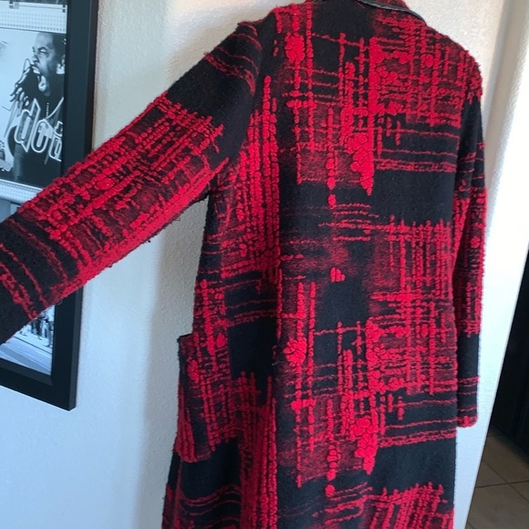 SIMON CHANG wool coat, Red/black great texture shawl collar leather trim 10 EUC - Picture 10 of 17